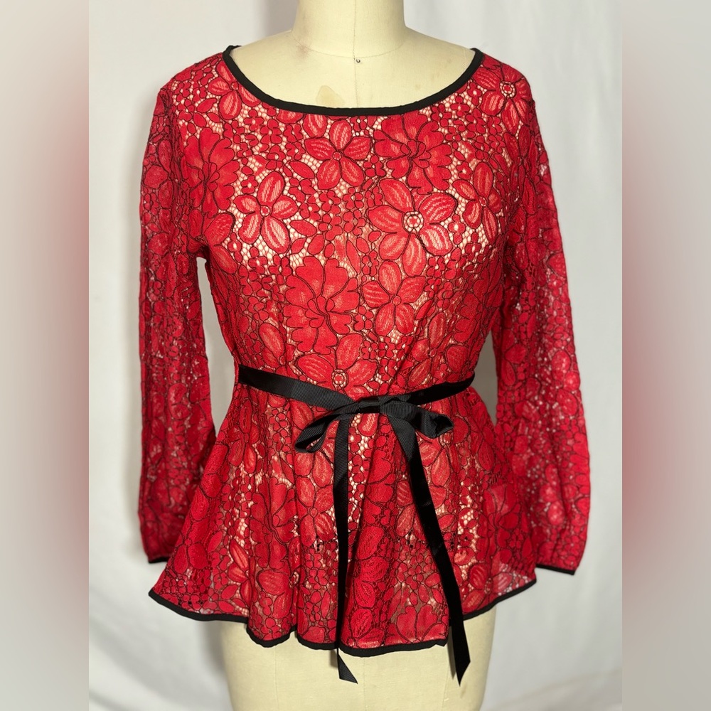 Allegra K Red Lace Peplum Bow Blouse Top Small NWT